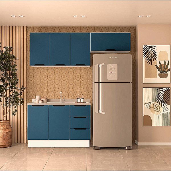 Cozinha Modulada Meena 200x224,5cm 3 Peças Balcão 3 Gavetas e Rodapé
