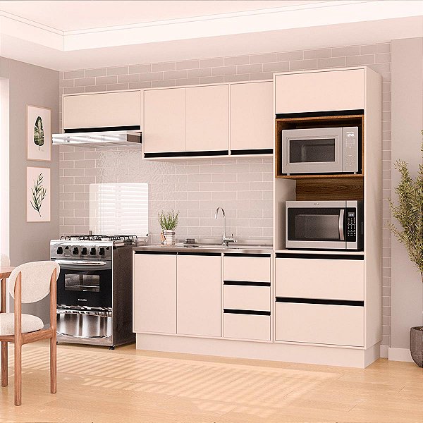 Cozinha Modulada Koya 270x214cm 4 Peças Balcão Torre Quente c/ Rodapé