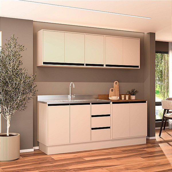 Cozinha Modulada Koya 4 Peças 200x214cm Balcões c/ 3 Gavetas e Rodapé