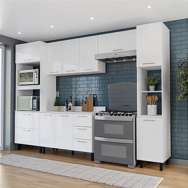 Cozinha Modulada Amara 5 Peças 310x224,5cm Torre Quente Balcão Tampo