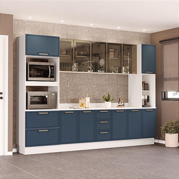 Cozinha Modulada Amara 310x224,5cm 6 Peças Balcões com Tampo e Rodapé