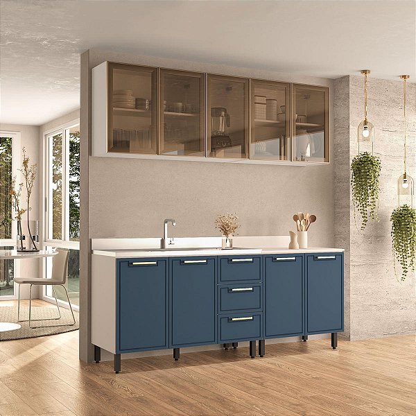 Cozinha Modulada Amara 200x224,5cm 4 Peças Aéreos com Portas de Vidro
