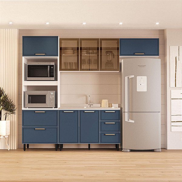 Cozinha Modulada Amara 270x224,5cm 4 Peças Aéreos com Portas de Vidro