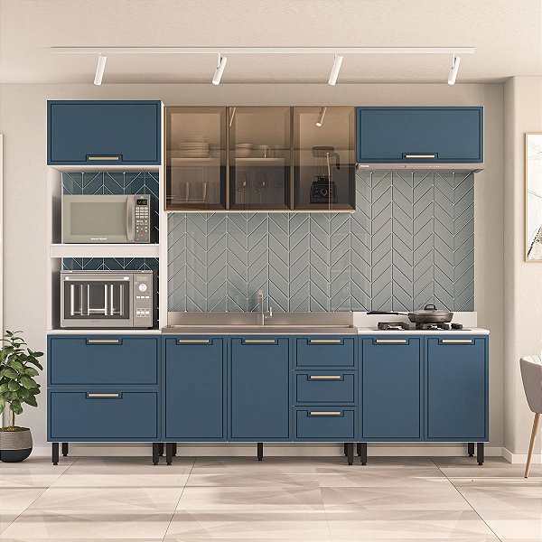 Cozinha Modulada Amara 270x224,5cm 5 Peças Armários Aéreos Porta Vidro