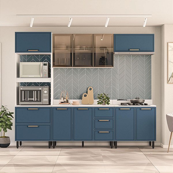 Cozinha Modulada Amara 270x224,5cm 5 Peças com Tampo e Portas de Vidro