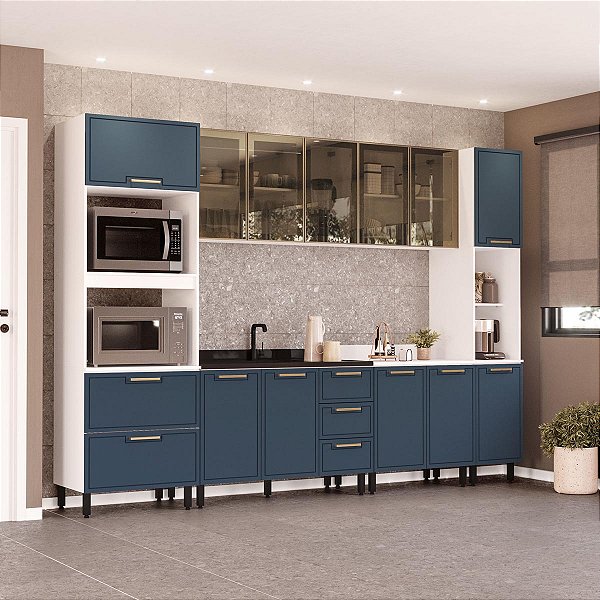 Cozinha Modulada Amara 310x224,5cm 6 Peças Aéreos com Porta de Vidro