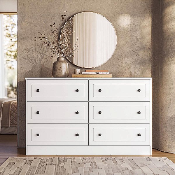 Cômoda para Quarto Fort 100% MDF 140x85,7cm 6 Gavetas Puxador em Ponto
