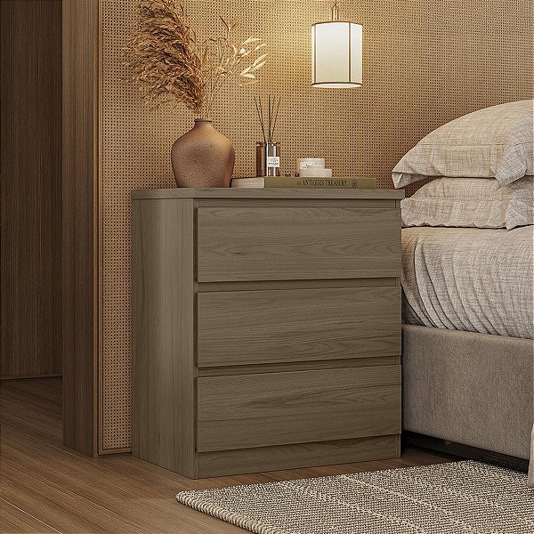 Mesa de Cabeceira Lince 100% MDF 60,5x70cm 3 Gavetas Puxadores Cava