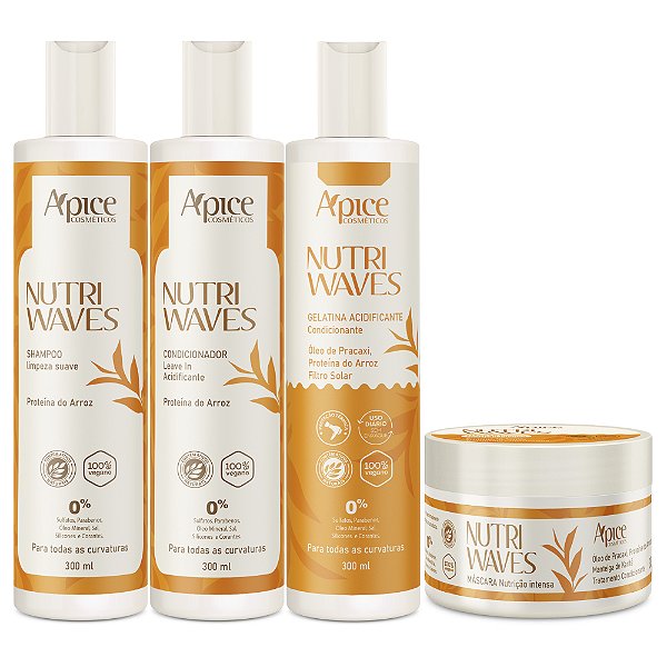 Kit Ápice Cosméticos Nutri Waves Shampoo, Condicionador, Gelatina e Máscara 300g