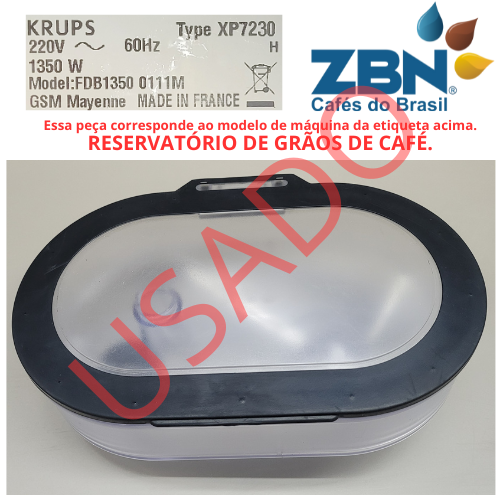 KRUPS XP7230 RESERVATÓRIO DE GRÃOS DE CAFÉ MÁQUINA MODELO FDB13500111M
