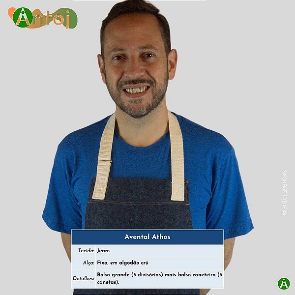 Avental ATHOS em Jeans na cor Azul Marinho. Alça com ajuste, em Algodão crú.