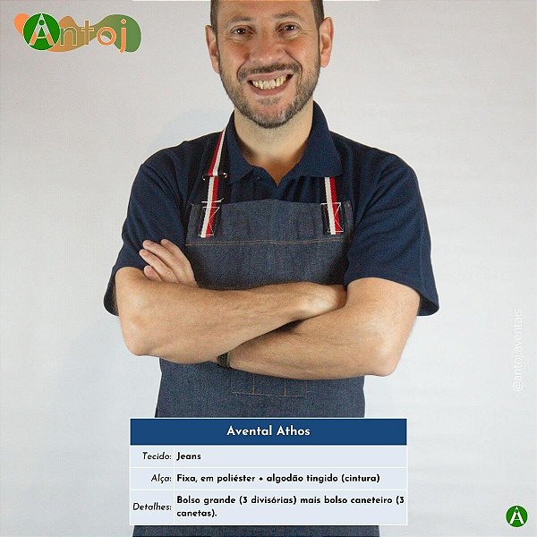 Avental ATHOS em Jeans na cor Azul Marinho. Alça com ajuste, em Poliéster colorido.