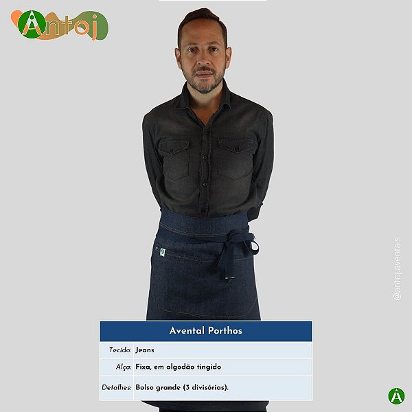 Avental PORTHOS em Jeans na cor Azul Marinho. Alça de amarrar, em Algodão Azul Marinho.