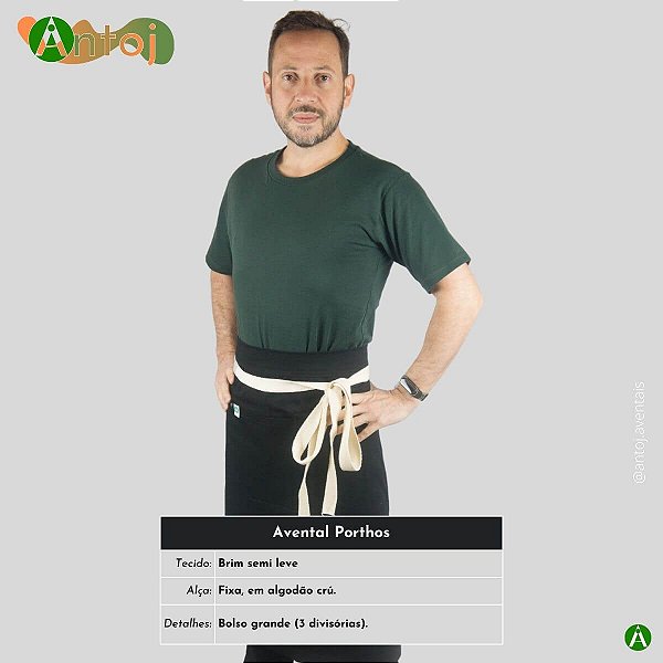 Avental PORTHOS em Brim na cor Preto. Alça de amarrar, em Algodão crú.