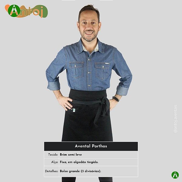 Avental PORTHOS em Brim na cor Preto. Alça de amarrar, em Algodão Preto.