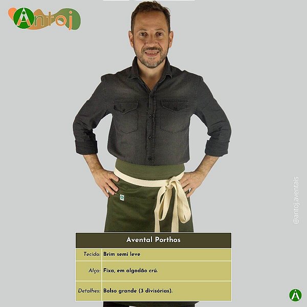 Avental PORTHOS em Brim na cor Verde Militar. Alça de amarrar, em Algodão crú.