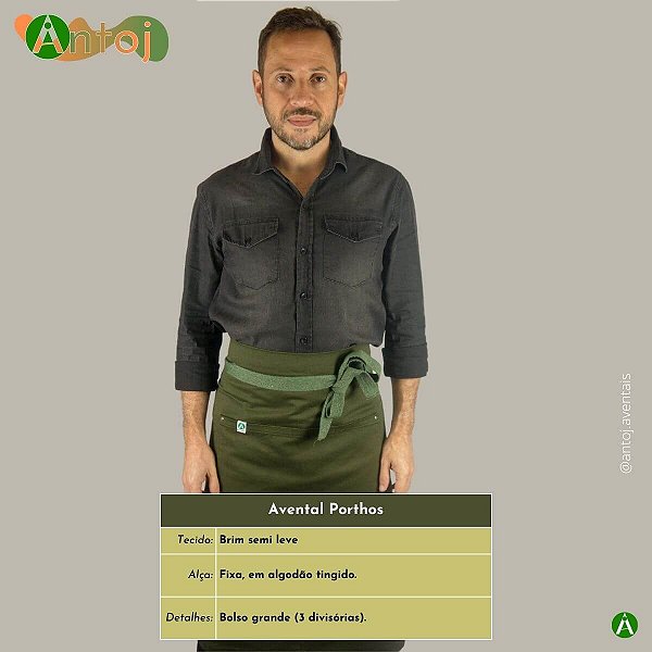 Avental PORTHOS em Brim na cor Verde Militar. Alça de amarrar, em Algodão Verde.