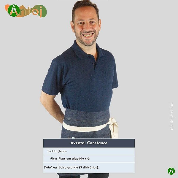 Avental CONSTANCE em Jeans na cor Azul Marinho. Alça de amarrar, em Algodão crú.