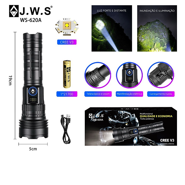 Lanterna Tática Led Cree V3 Longo Alcance Original Jws Usb