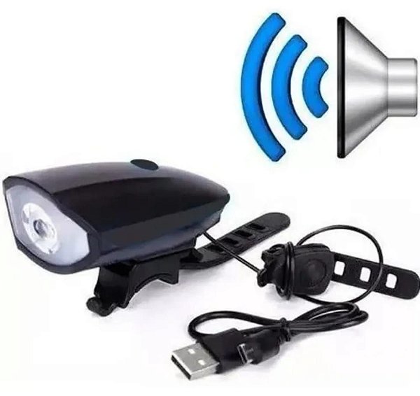 Farol Led Bike C/ Buzina Bicicleta Recarregável Usb - Preto