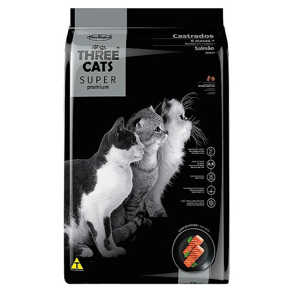 Ração Three Cats Super Premium Para Gatos Castrados mais de 6 meses Sabor Salmão