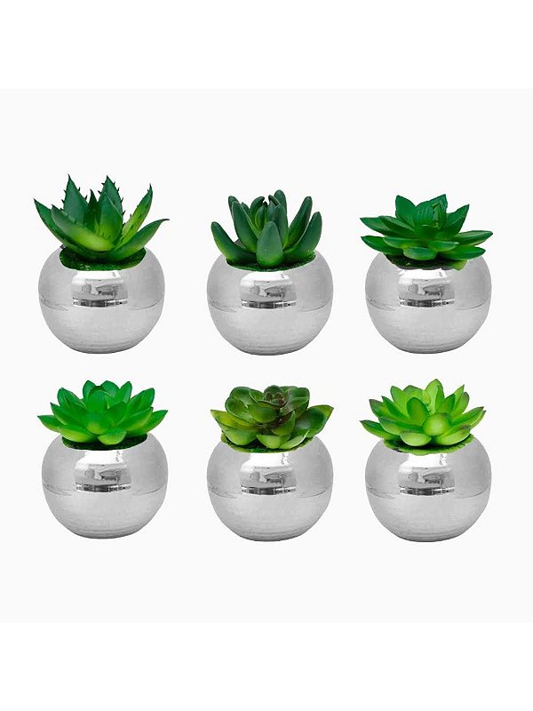 Trio Mini vaso prata com suculenta artificial