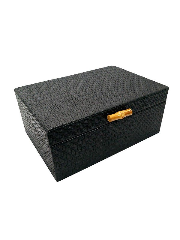 Caixa Retangular M em Madeira c/ PU Preto e Bambu