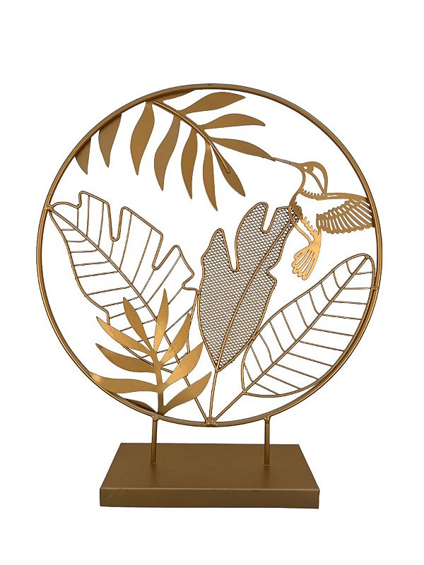 Escultura Folhagem Beija Flor metal Dourado