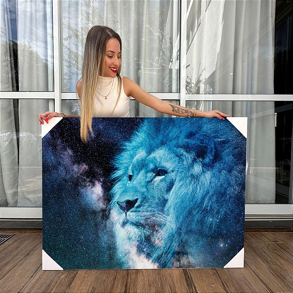 Quadro Decorativo Canvas Animal Selvagem Arte Cósmica Leão Azul Horizontal