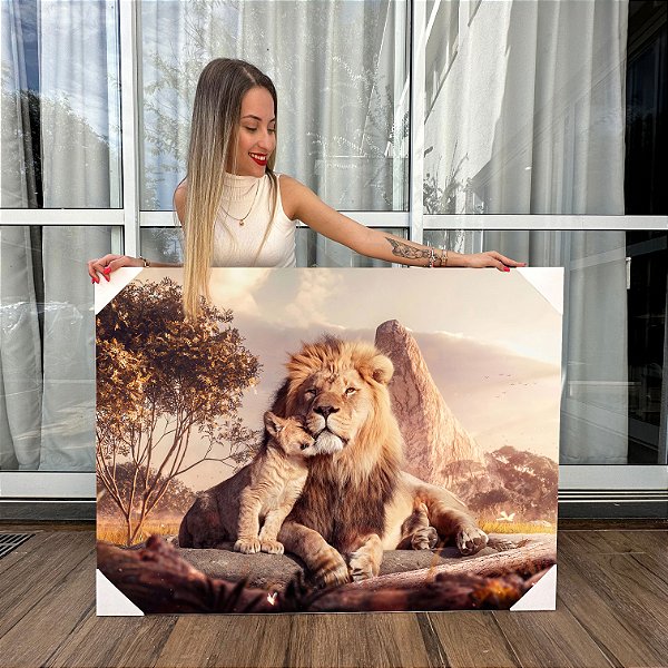 Quadro Decorativo Canvas Animais Selvagens amor de Leão Pai e Filho na Selva Horizontal