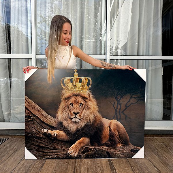Quadro Decorativo Canvas Animais Selvagens Leão Coroa Dourada Horizontal