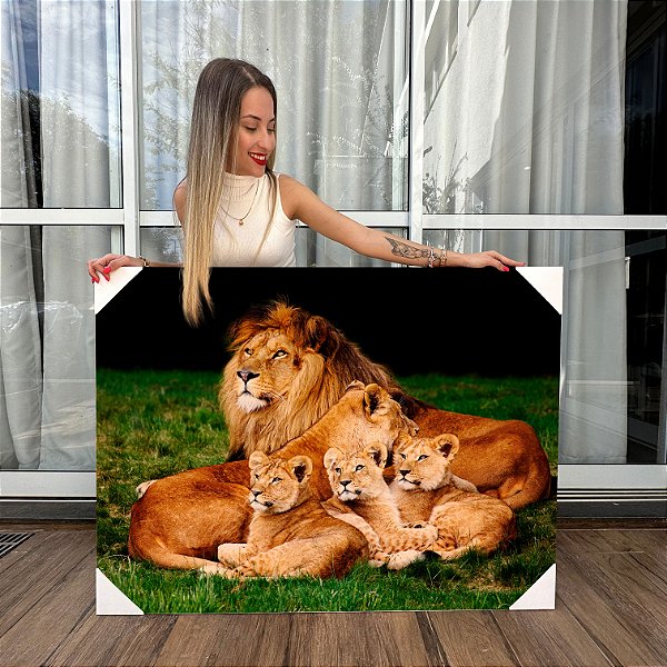 Quadro Decorativo Canvas Animais Selvagens Leão e Familia na Grama Horizontal