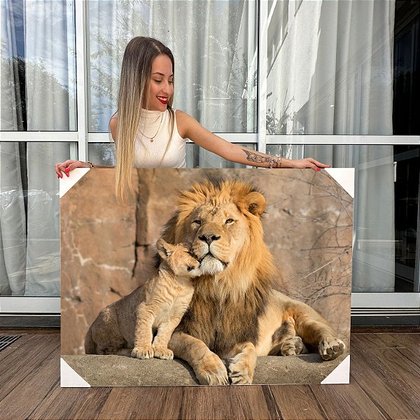 Quadro Decorativo Canvas Animais Selvagens Amor de Leão Pai e Filho Horizontal