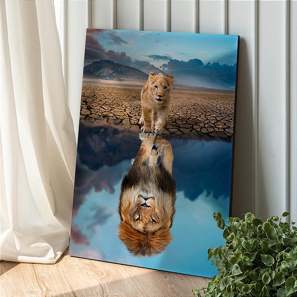 Quadro Decorativo Canvas Animais Selvagens Leão Filho com Reflexo do Pai Vertical