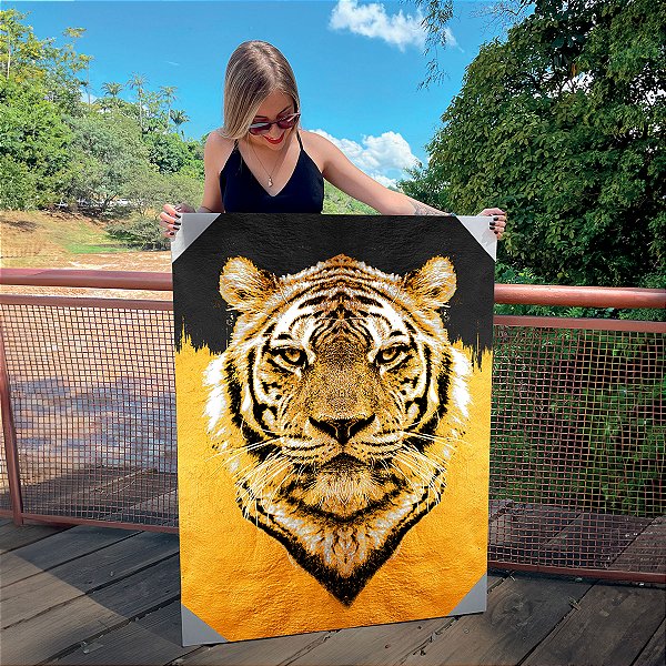 Quadro Decorativo Canvas Animal Selvagem Arte Abstrata Tigre Dourado Vertical
