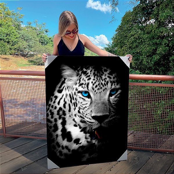 Quadro Decorativo Canvas Onça Preto e Branco Olhos Azuis SUCESSO Letra Branca Vertical