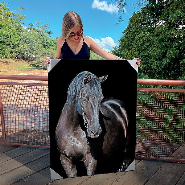 Quadro Decorativo Canvas Animal Cavalo Morrom Crina Preta Fundo Preto Vertical