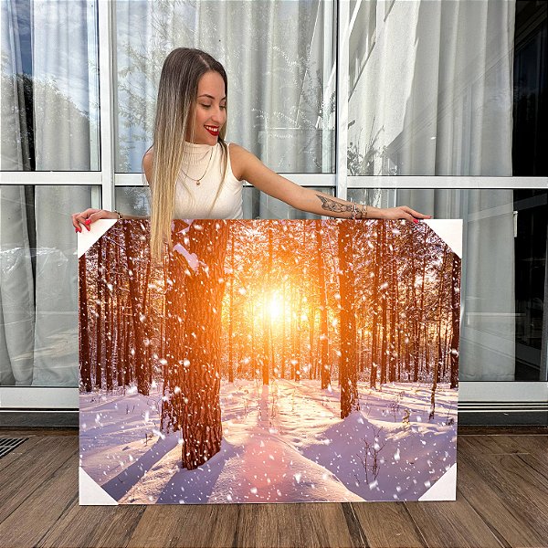 Quadro Decorativo Canvas Floresta com Árvores na Neve Horizontal