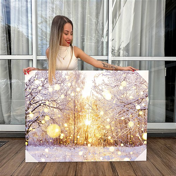 Quadro Decorativo Canvas Amanhecer Floresta de Pinheiro Neve de Inverno