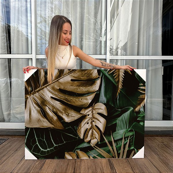 Quadro Decorativo Canvas Costela De Adão Dourada e Verde Horizontal