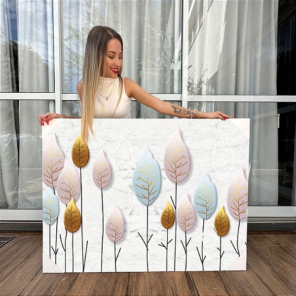 Quadro Decorativo Canvas Arte Abstrata Folhagens Coloridas Horizontal