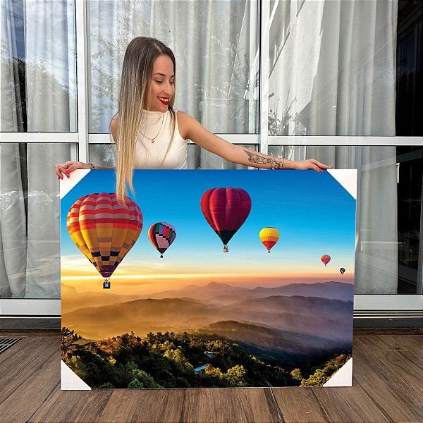 Quadro Decorativo Canvas Voo de Balões Coloridos Sobre as Montanhas Horizontal