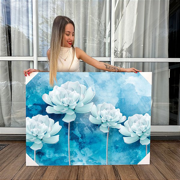 Quadro Decorativo Canvas Arte Floral Flor de Lótus Azul e Branco Horizontal