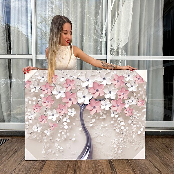 Quadro Decorativo Canvas Arte Floral Sakura Flor de Cerejeira Rosa e Branco Horizontal