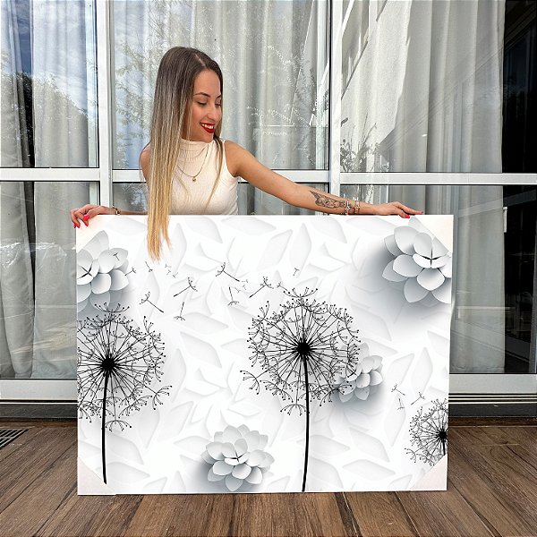 Quadro Decorativo Canvas Dente De Leão Voando Preto e Branco Horizontal