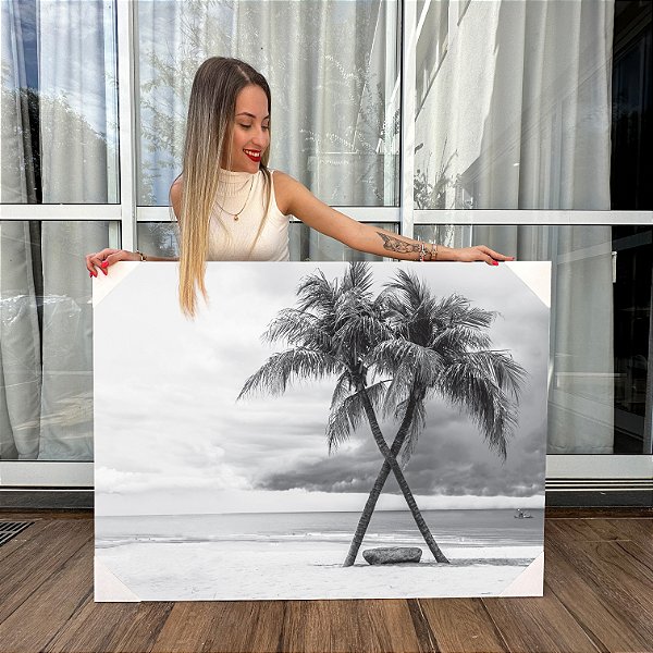 Quadro Decorativo Canvas Praia com Coqueiros Preto e Branco  Horizontal