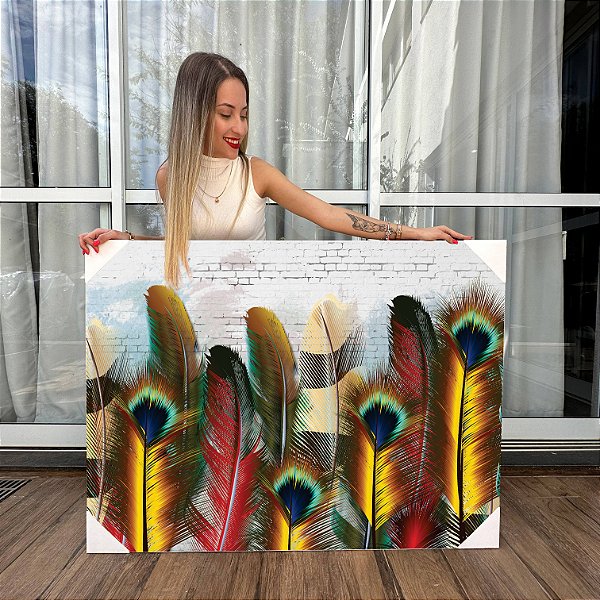 Quadro Decorativo Canvas Penas Coloridas Grandes Horizontal