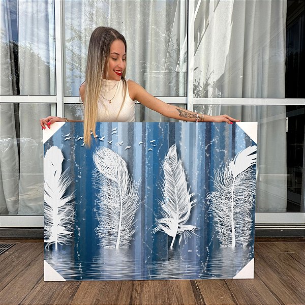 Quadro Decorativo Canvas Arte Abstrata Penas e Paisagem Glacial Azul e Branco Horizontal