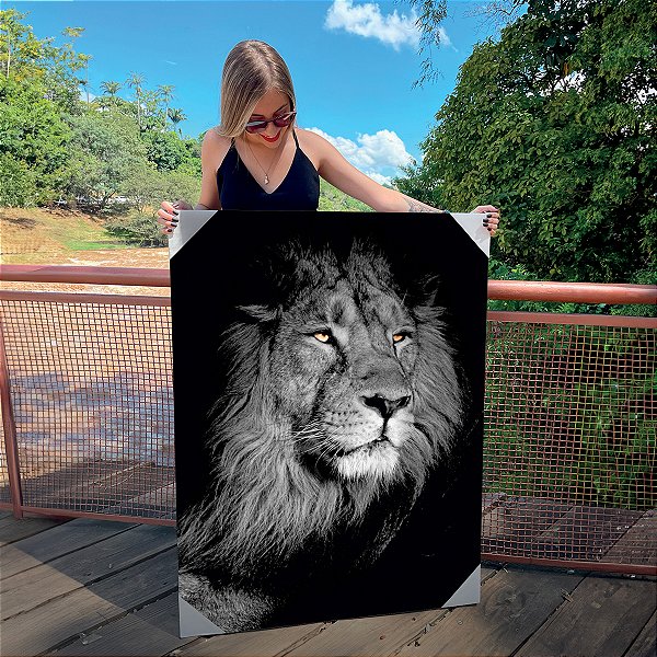 Quadro Decorativo Canvas Animal Selvagem Leão Face Sentado Preto e Branco Vertical