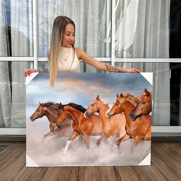 Quadro Decorativo Canvas Animais Cavalos Marrons Correndo Levantando Poeira Horizontal